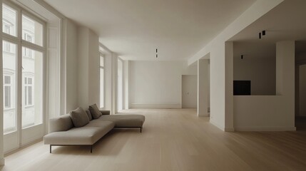 Fototapeta premium Modern apartment living room, city view, light wood floor, minimalist design, home staging