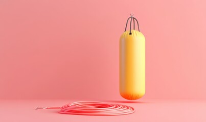 Obraz premium Yellow punching bag, jump rope, pink background; fitness, workout concept