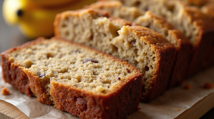 Closeup of Sliced Banana Bread Homemade Dessert Gluten Free and Vegan Recipe Healthy Breakfast Food with Nuts and Honey