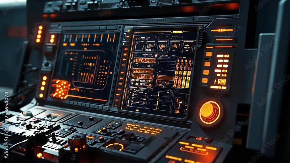 Poster futuristic control panel featuring multiple screens displaying data analysis in an orange and black 