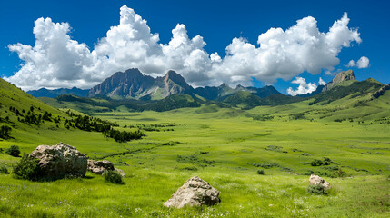 Sunny valley, majestic mountains, green meadow, clouds. Travel poster