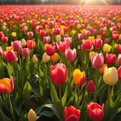 Obraz premium A vibrant meadow of blooming tulips basking in the beautiful spring sunlight.