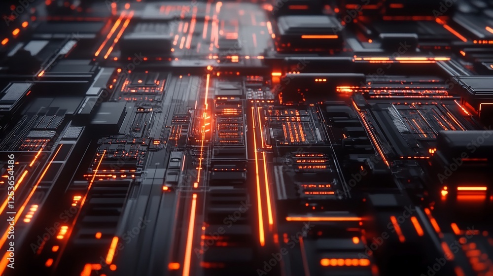 Poster futuristic circuit board with glowing orange lines creates a high-tech abstract