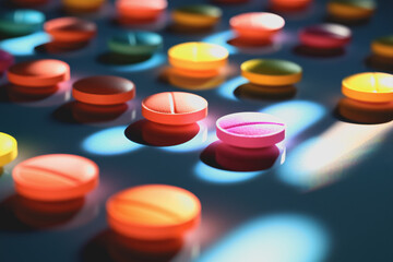 Many colorful pills and capsules scattered on a wooden table surface in various shapes and sizes