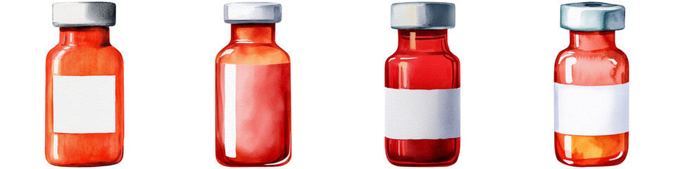 Vitamin and metabolism essential, Four glass vials filled with red liquid, each with a silver cap and a white label, arranged in a row.
