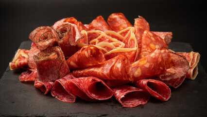 Different kinds of meat cuts on a board.