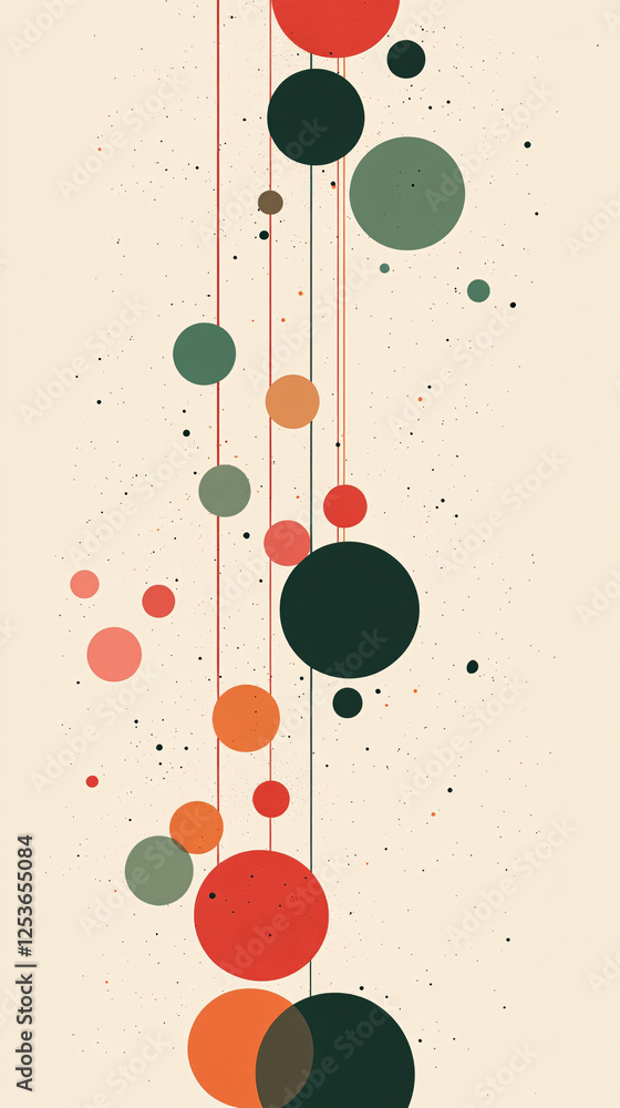 Poster modern abstract composition featuring vertical floating circles in earthy tones connected by thin li