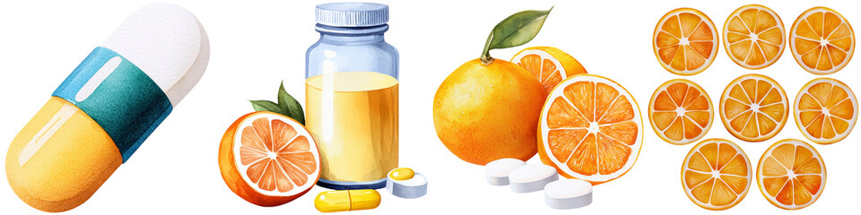 Vitamin and metabolism essential, A colorful depiction of a capsule, a bottle of liquid, and fresh oranges, highlighting health and wellness themes.