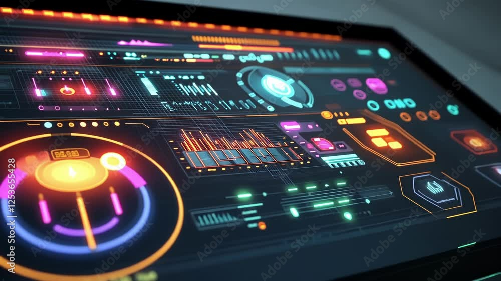 Poster futuristic dashboard featuring complex data analysis with glowing lights and vibrant visualizations,