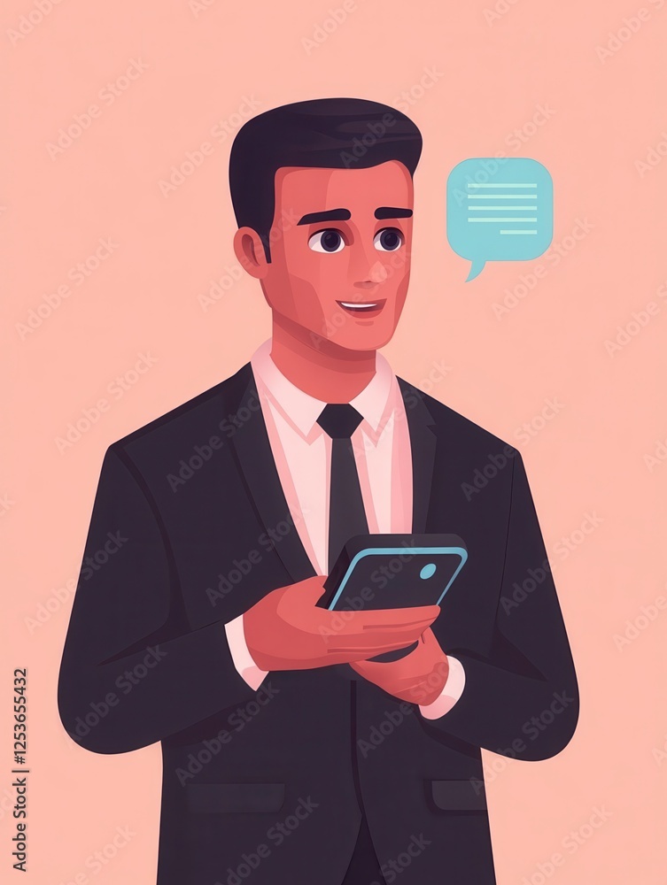 Poster businessman communicates with chatbot with voice commands. voice controlled chatbot, talking virtual