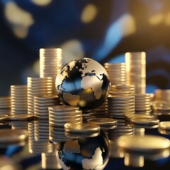  Golden Coins and Reflective World Globe in Luxurious Financial Setting