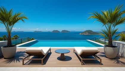 Obraz premium A luxurious infinity pool with sun loungers and ocean views. A perfect vacation spot for relaxation, travel, and tropical paradise experiences.