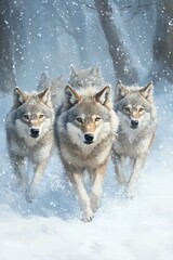 Obraz premium Majestic Wolves Running Through Snowy Forest Landscape