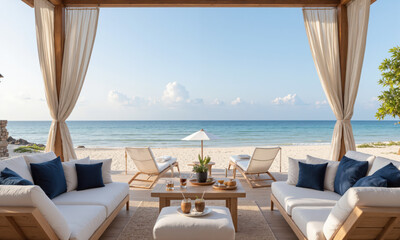 Obraz premium Private Beach Cabana with Oceanfront View, Cushioned Lounge Chairs, and Drinks A private beach cabana with oceanfront views, cushioned lounge chairs for ultimate