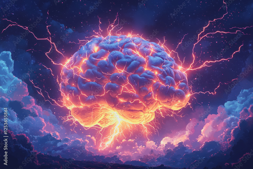 Poster brain in the sky with lightning bolts striking down creating a surreal and imaginative scene