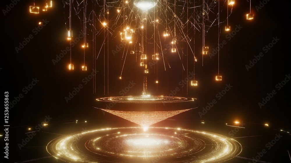 Poster abstract golden light structure with hanging cubes and concentric circles on dark background