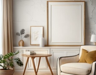 Frame mockup, ISO A paper size. Living room wall poster mockup. Interior mockup with house background. Modern interior design. 3D render