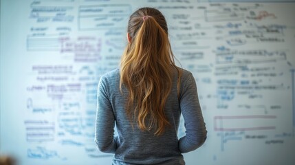 Young woman standing with back to camera analyzing notes on whiteboard