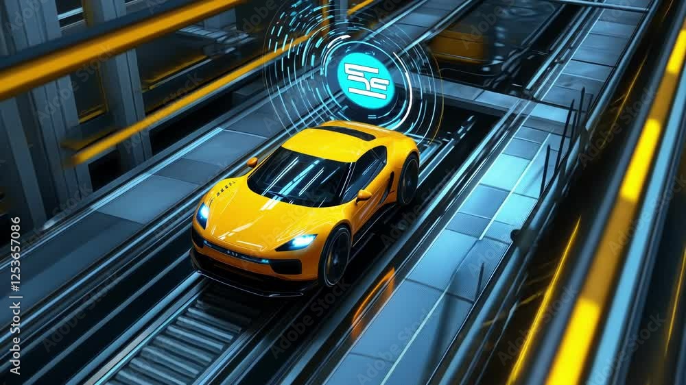 Poster automated production line operating in a car factory, utilizing advanced 5g wireless systems for con
