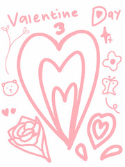 A hand-drawn Valentine's Day illustration in pink, featuring a large stylized heart, a rose, small hearts, a bear face, butterflies, and decorative elements.