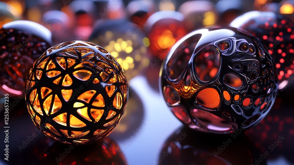 Poster abstract 3d rendering of glowing spheres with intricate cutout designs