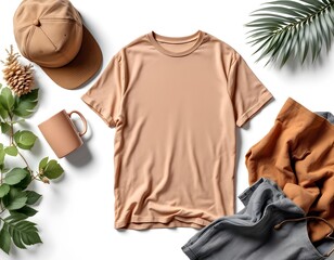 Peach-Colored T-Shirt Mockup with Accessories