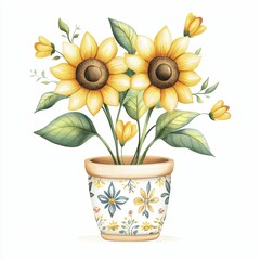 Obraz premium Watercolor Illustration Of Sunflowers In Decorative Pot