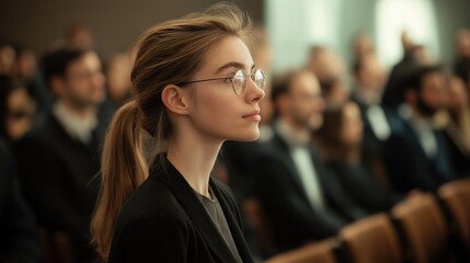 Female doctoral student attentively listening at academic conference event