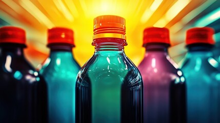 Colorful Bottles with Bright Caps Surrounded by Vibrant Rays of Light