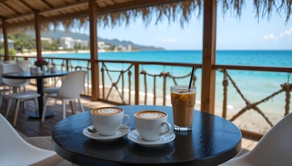 Relaxing seaside cafe with lattes and iced coffee overlooking turquoise ocean. Perfect for travel, vacation, and coffee lovers.