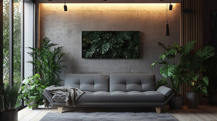 A modern Scandinavian living room featuring a sleek grey sofa, minimalist furniture, and lush plants, creating a cozy and peaceful atmosphere with soft lighting and simple décor. 