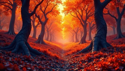 Burnt orange landscape with twisted tree trunks, burnt, forest