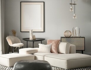 Mockup poster frame on the wall of living room. Luxurious apartment background with contemporary design. Modern interior design. 3D render, 3D illustration See Less