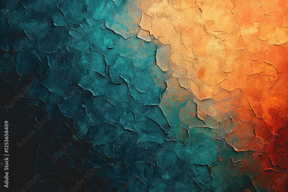 Poster painting featuring a vibrant red and blue background with abstract design elements and textures