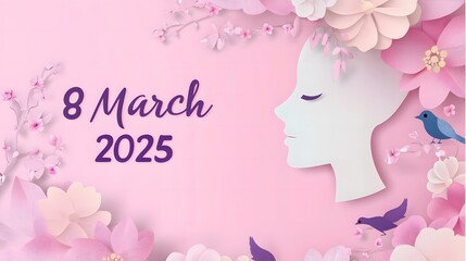 International Women's Day 2053 Paper Cut Style Background. Pink Roses and Birds with Woman's Face Silhouette. "8th March" Text in Purple. High Resolution, No Blur, High Contrast.