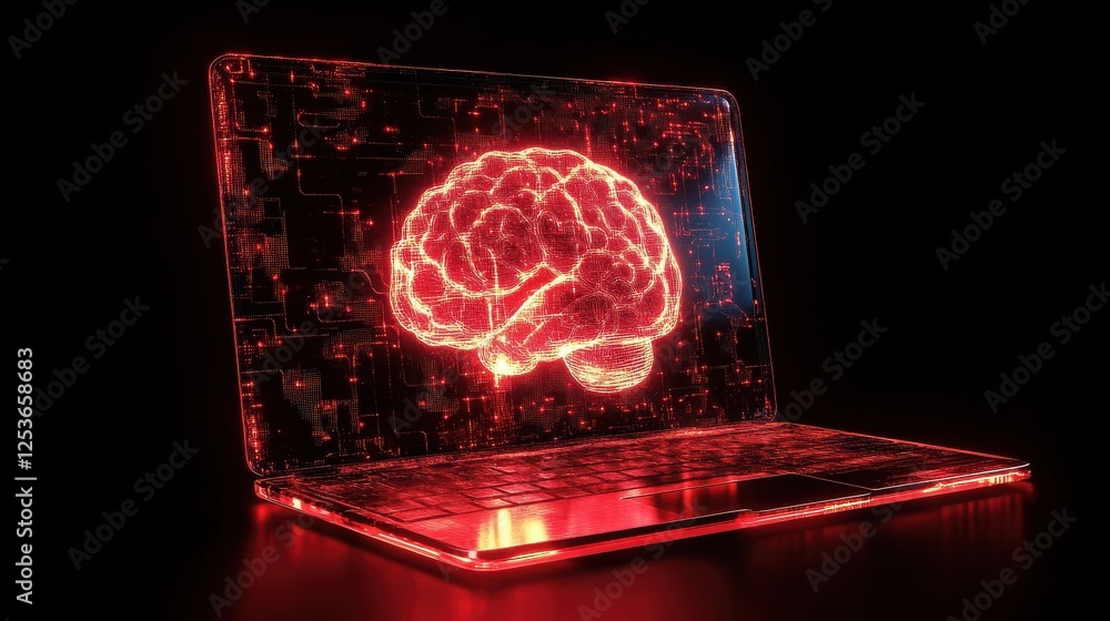 Poster laptop computer with glowing circuit brain. artificial intelligence and communication concept. doubl