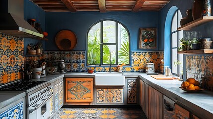 Obraz premium A colorful boho-inspired kitchen with patterned tiles and a white frame near an open window.