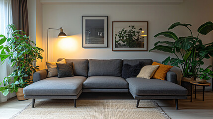 A modern Scandinavian living room featuring a sleek grey sofa, minimalist furniture, and lush plants, creating a cozy and peaceful atmosphere with soft lighting and simple décor. 