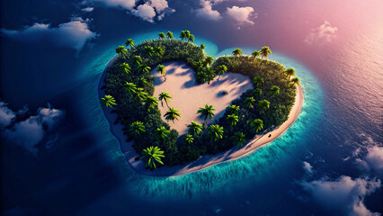Fototapeta premium A beautiful heart-shaped island with dense greenery and sandy shores, nestled in the tranquil blue waters, offering a perfect escape to nature's romantic retreat