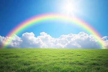 Obraz premium A vibrant rainbow arcs across a clear blue sky, casting colors over a lush green field under sunlight