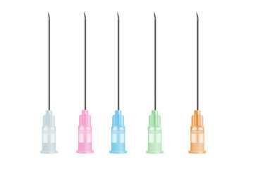 Tip of a Stainless Needle tube many color isolated on white. Geen, white, orange, pink, blue. Part of medical equipment. Aesthetic and doctor used to injection, piercing skin, cut tissue and treatment