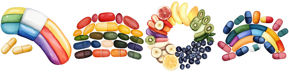 Vitamin and metabolism essential, A vibrant assortment of colorful pills arranged in various shapes, showcasing a playful and artistic representation of medication.