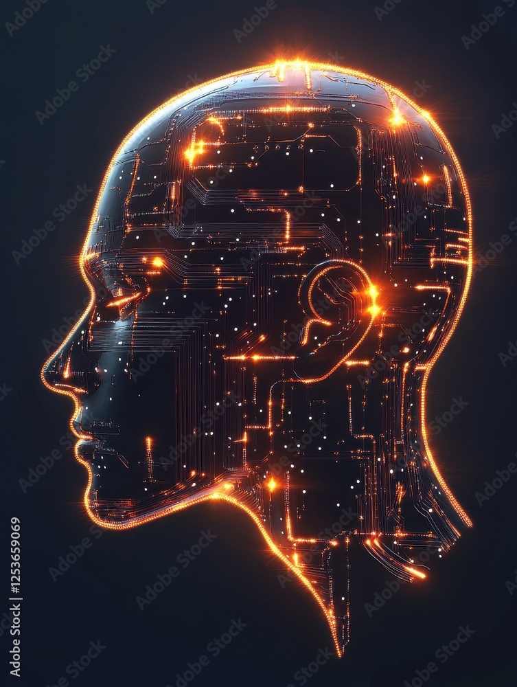 Poster creative glowing circuit head outline. ai and hardware concept. 3d rendering.