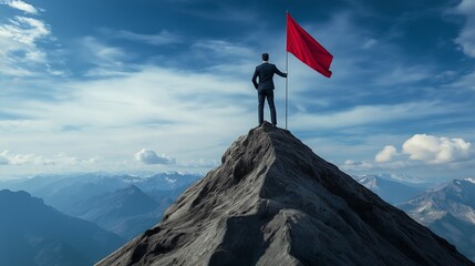A determined entrepreneur standing on a mountain peak, symbolizing a growth mindset in business.