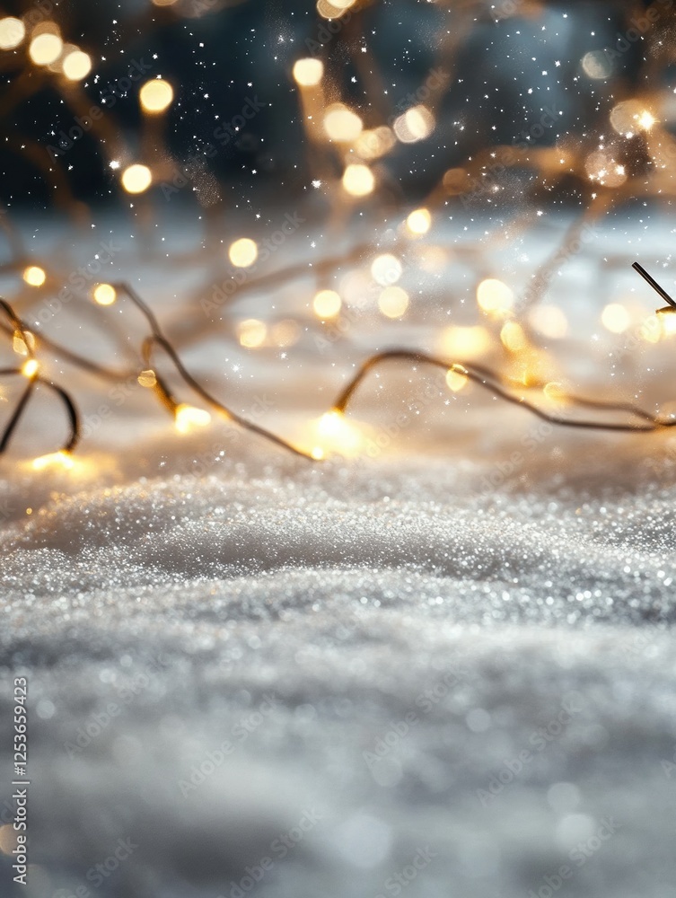 Poster soft, blurred background of white snow with bokeh lights and sparkling stars, creating an enchanting