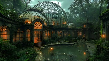Fototapeta premium A colossal glass dome, shattered and covered in moss, once a utopian biodome.