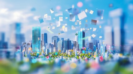 A futuristic city with holographic business plans floating in the air, representing vision and creativity.