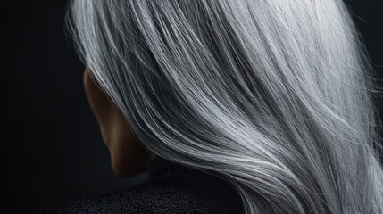 Naklejka premium Back view of senior mature middle aged older Asian lady with long gray natural coloring vibrant silky hair. Dry hair replenishing healing treatment for women after menopause advertising concept.