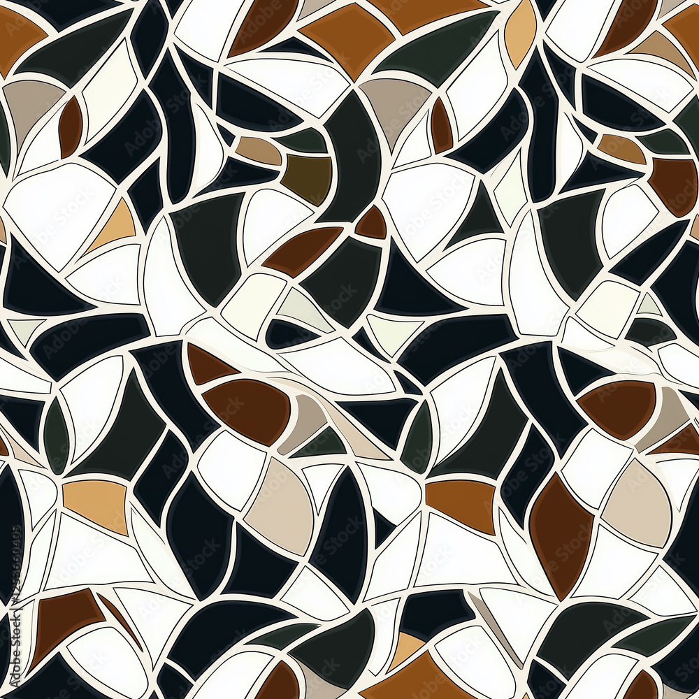 Poster abstract mosaic pattern featuring earthy tones and organic shapes in a dynamic arrangement.