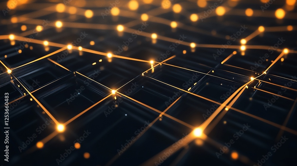 Aufkleber abstract golden network connecting glowing points on a dark background with perspective